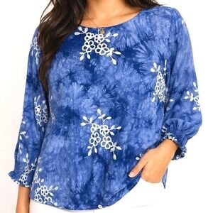 Anneliese Women Blue Tie Dye Floral Embroidered Smocked Cuff Blouse PL